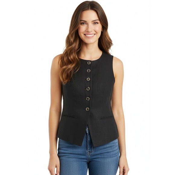 J.Crew Jackets & Blazers - J Crew Top Womens 2 Black Linen Cutaway‎ Vest Sleeveless Button Career CI309